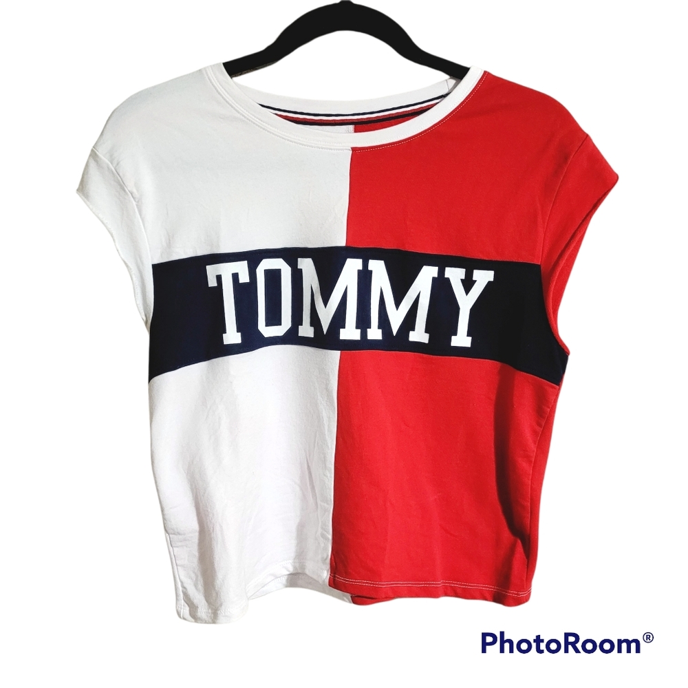 VTG Tommy Hilfiger Red White Colorblock Spellout Cropped Tshirt Womens Medium